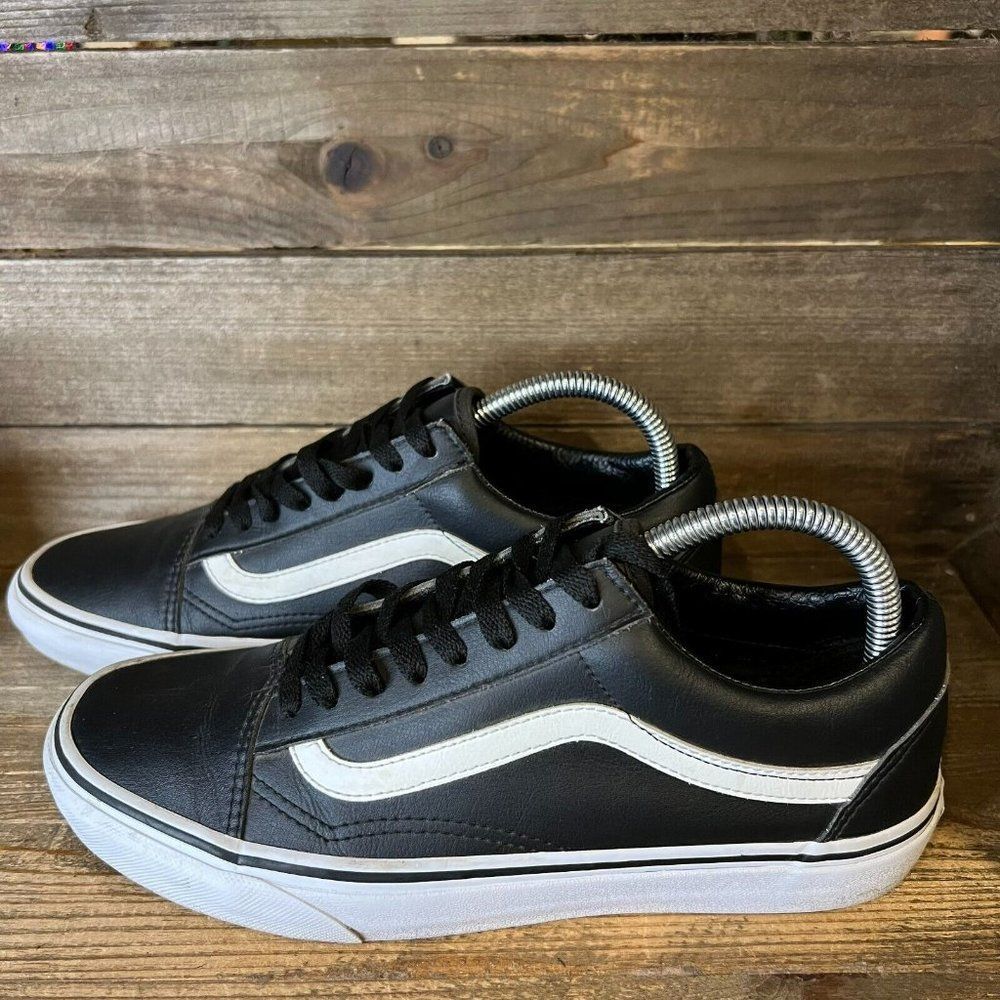 Womens Vans Old Skool Skateboard‎ Black Leather Shoes Sneakers Size 7.5M 9W GUC - Picture 2 of 7